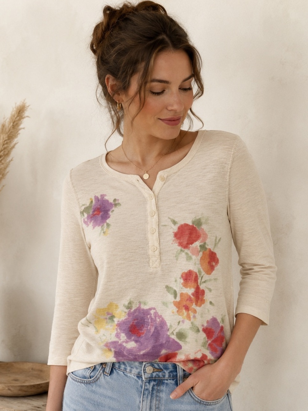 Lauren Ralph Lauren Cream Floral Henley Top with Purple, Red and Yellow Blooms
